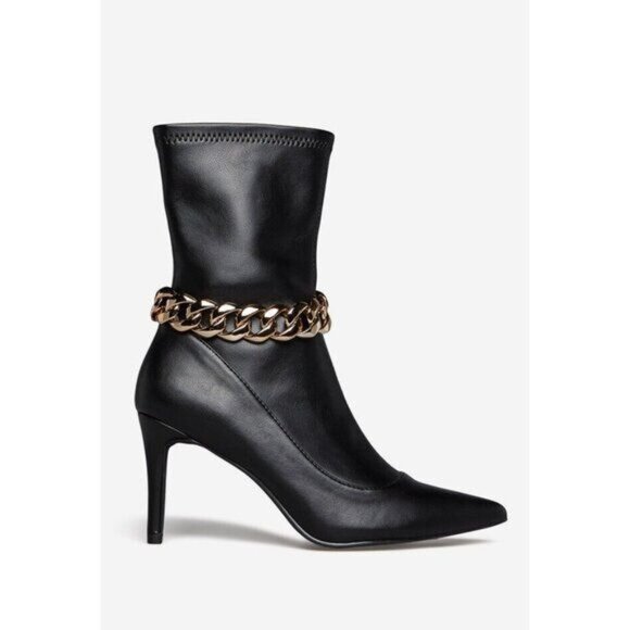 NIB Black Faux Leather Chain Link Pointed Toe Booties - Picture 5 of 8